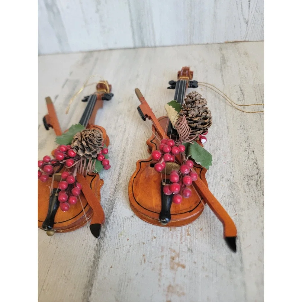 Vintage violin bow cranberry pine cone ornament Xmas wooden set home Cello